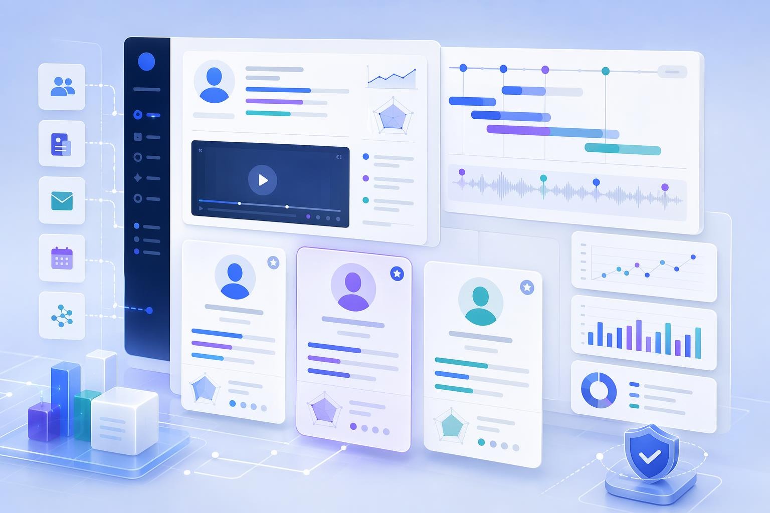 Analytics, timestamps, and candidate comparison cards in an AI hiring autopilot
