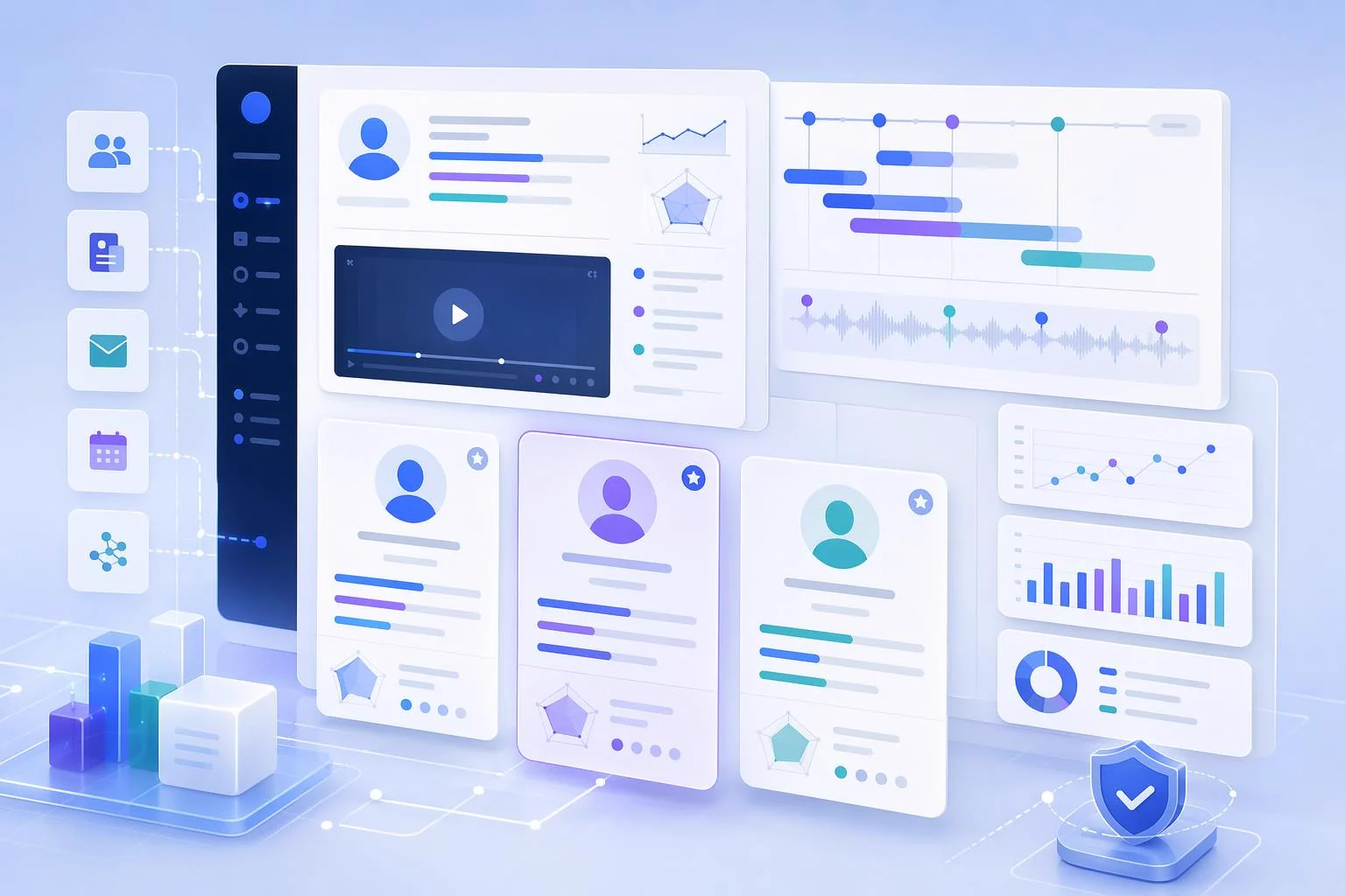 Analytics, timestamps, and candidate comparison cards in an AI Hiring Autopilot