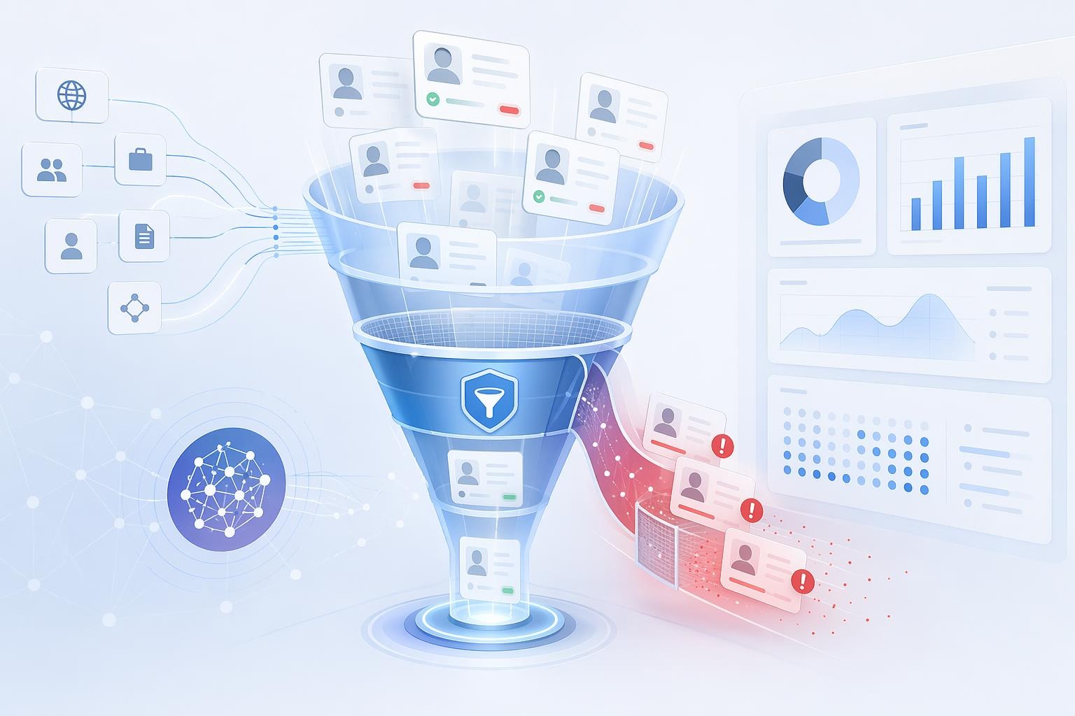 Candidate pre-screening and red-flag analysis in an AI hiring funnel